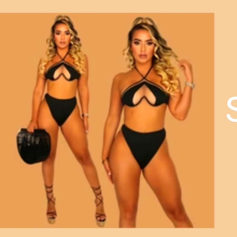 NWT black thong bikini with Mesh halter top. Size L. Fits like a medium